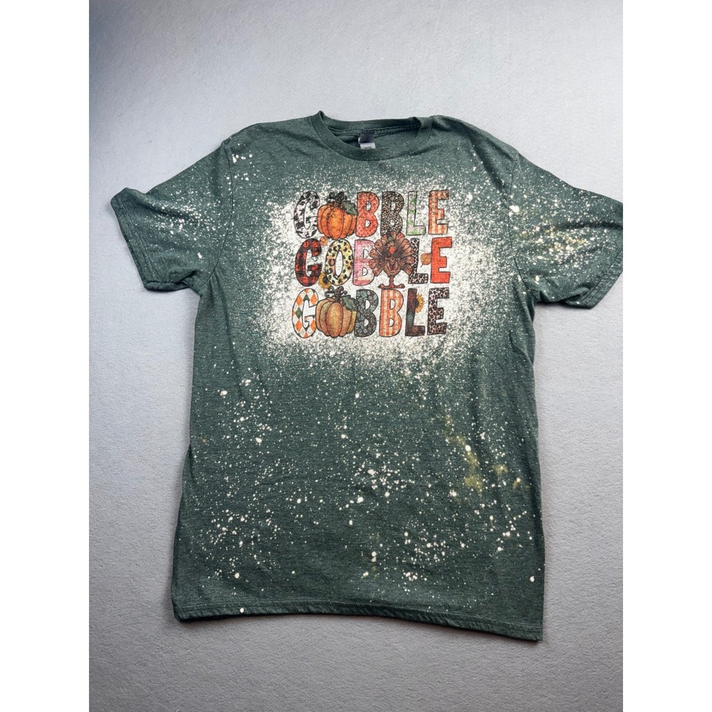 Gobble Thanksgiving Bleached T-Shirt Green Women Medium